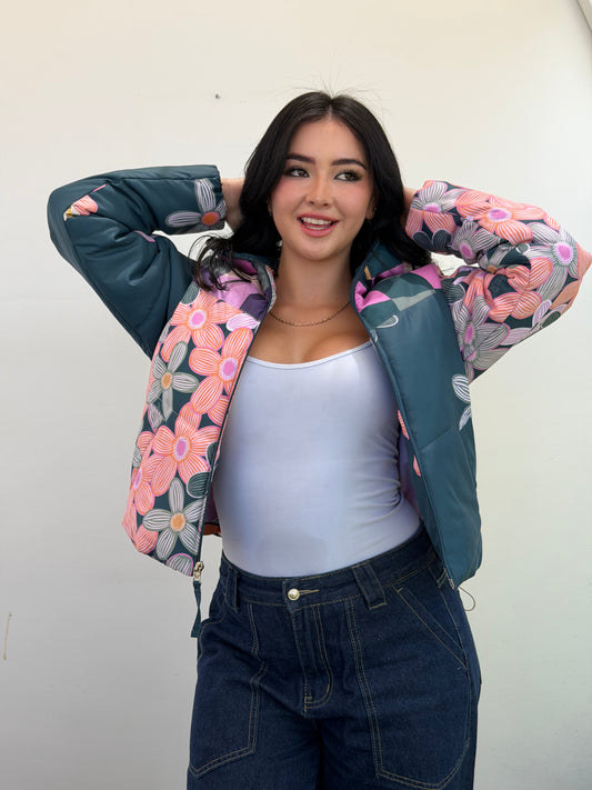 Puffer Jacket Verde Floral
