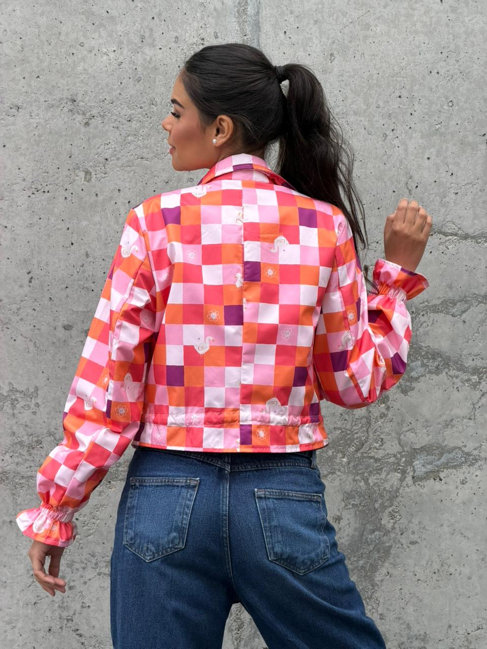 Chaqueta Corta Cuadros Rosa